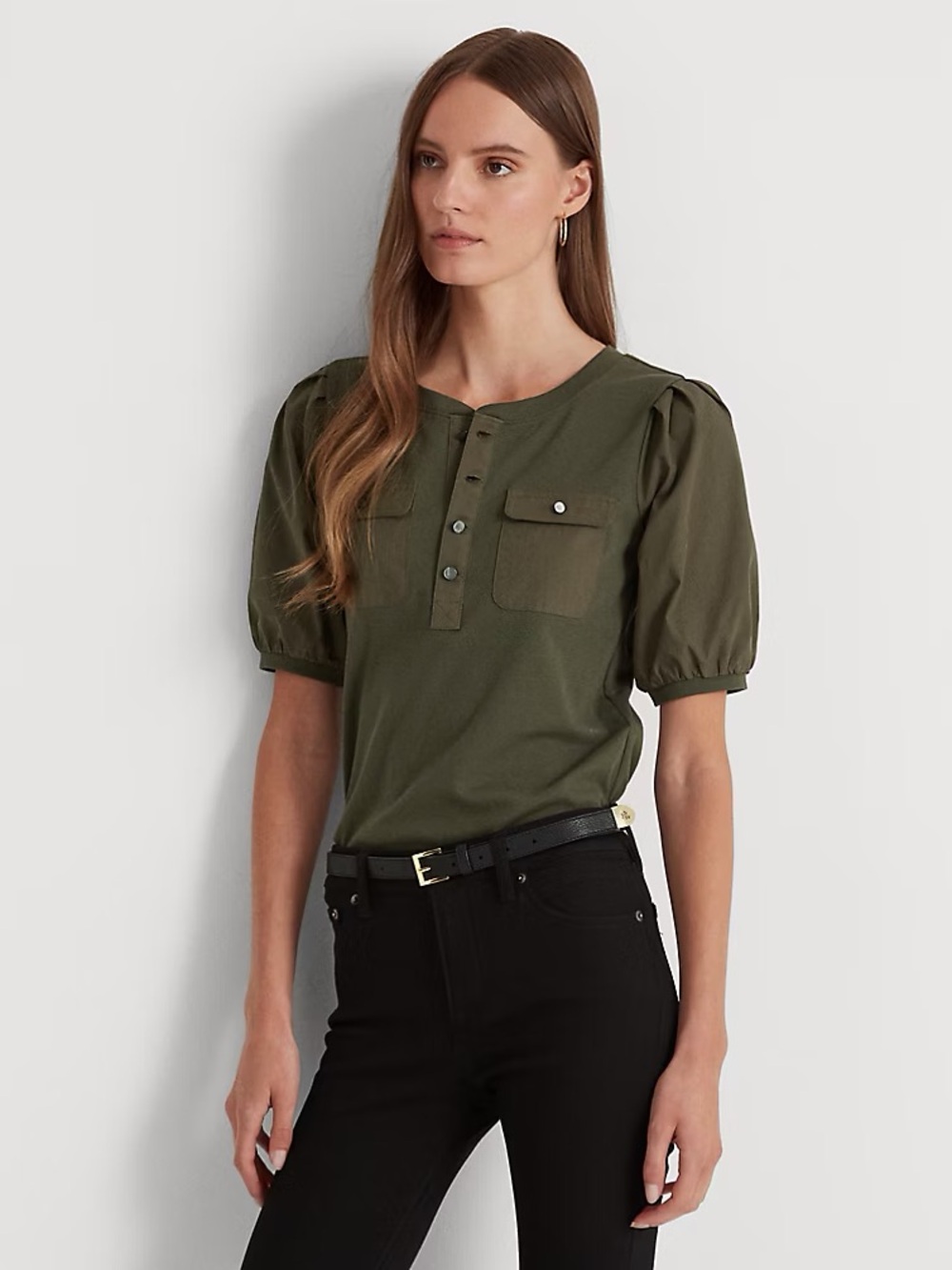 NWOT Ralph Lauren Olive Green Puff-Sleeve Henley top with Chest Pockets size L